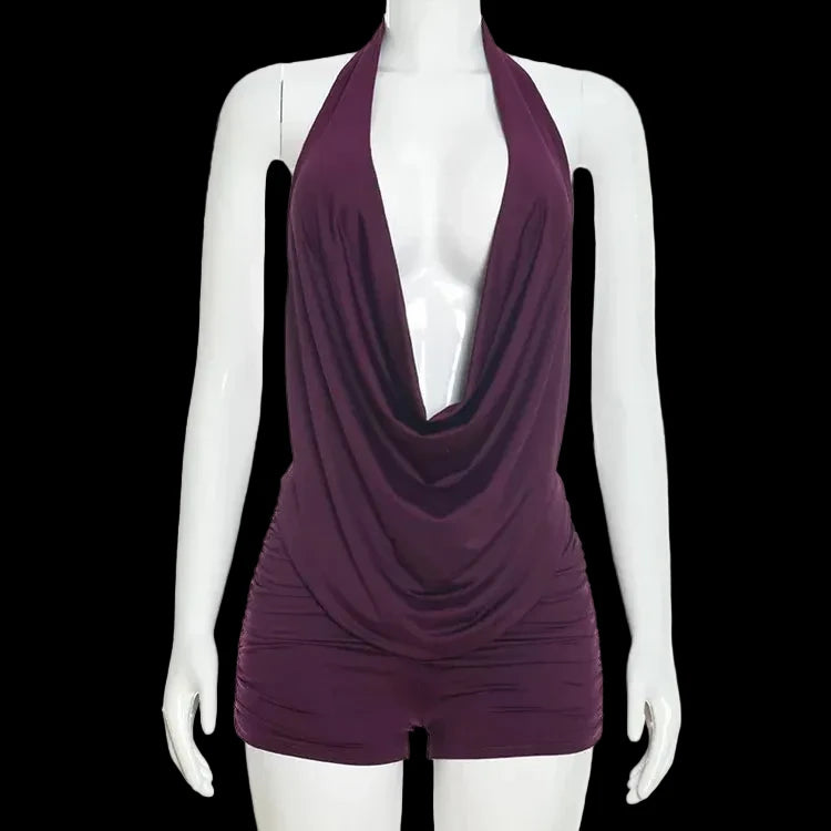 Ruched Backless Halter Crop Two Piece Set
