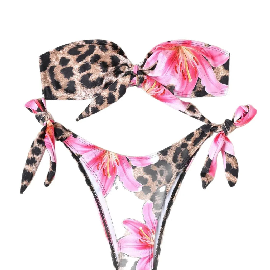 Leopard Print Floral Print Lace Strapless Swimwear