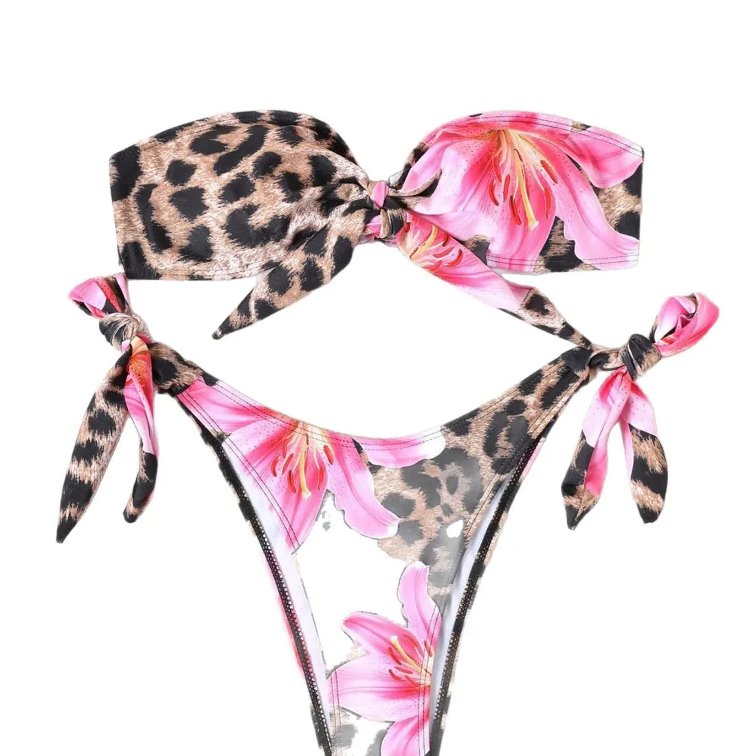 Leopard Print Floral Print Lace Strapless Swimwear