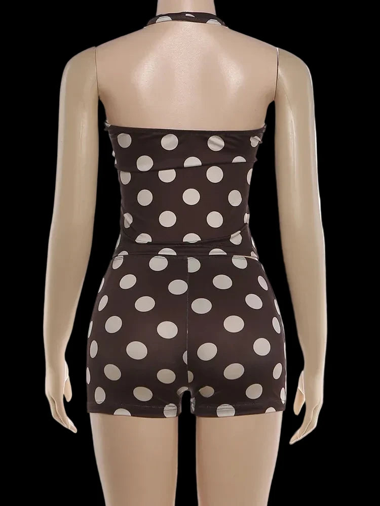 Polka Dot Backless Halter Crop Two Piece Set