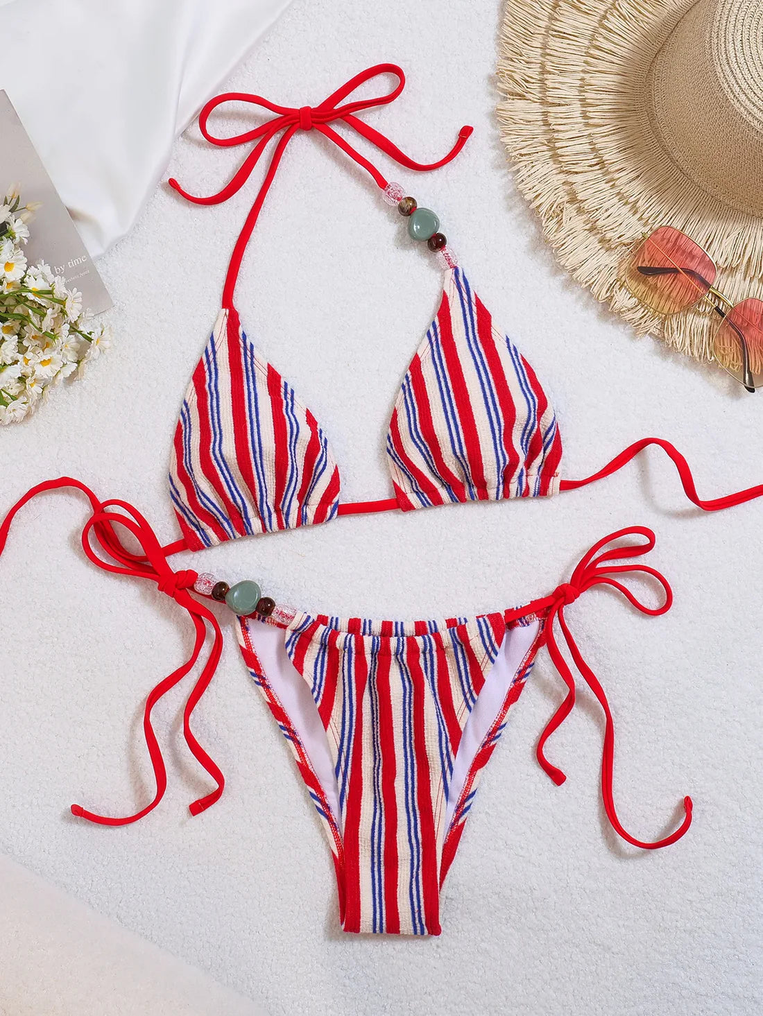 Stripe Ribbed Knit Backless Swimwear