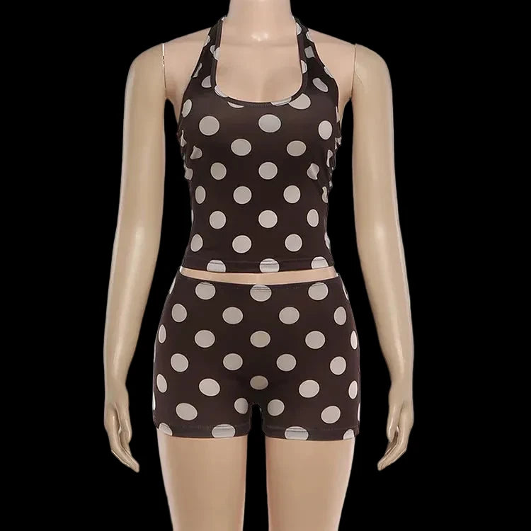 Polka Dot Backless Halter Crop Two Piece Set