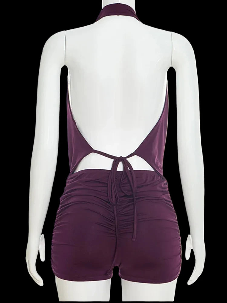 Ruched Backless Halter Crop Two Piece Set