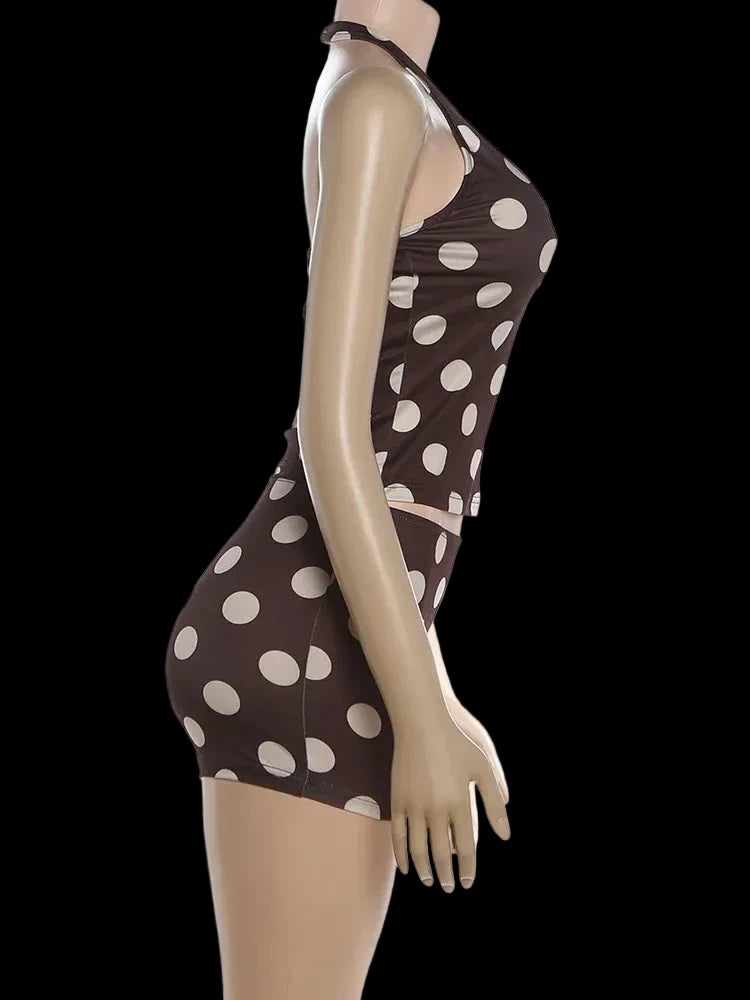 Polka Dot Backless Halter Crop Two Piece Set