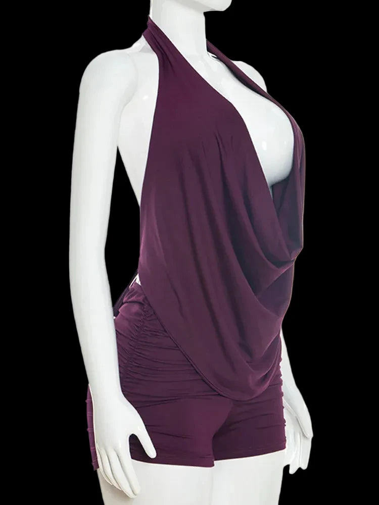 Ruched Backless Halter Crop Two Piece Set